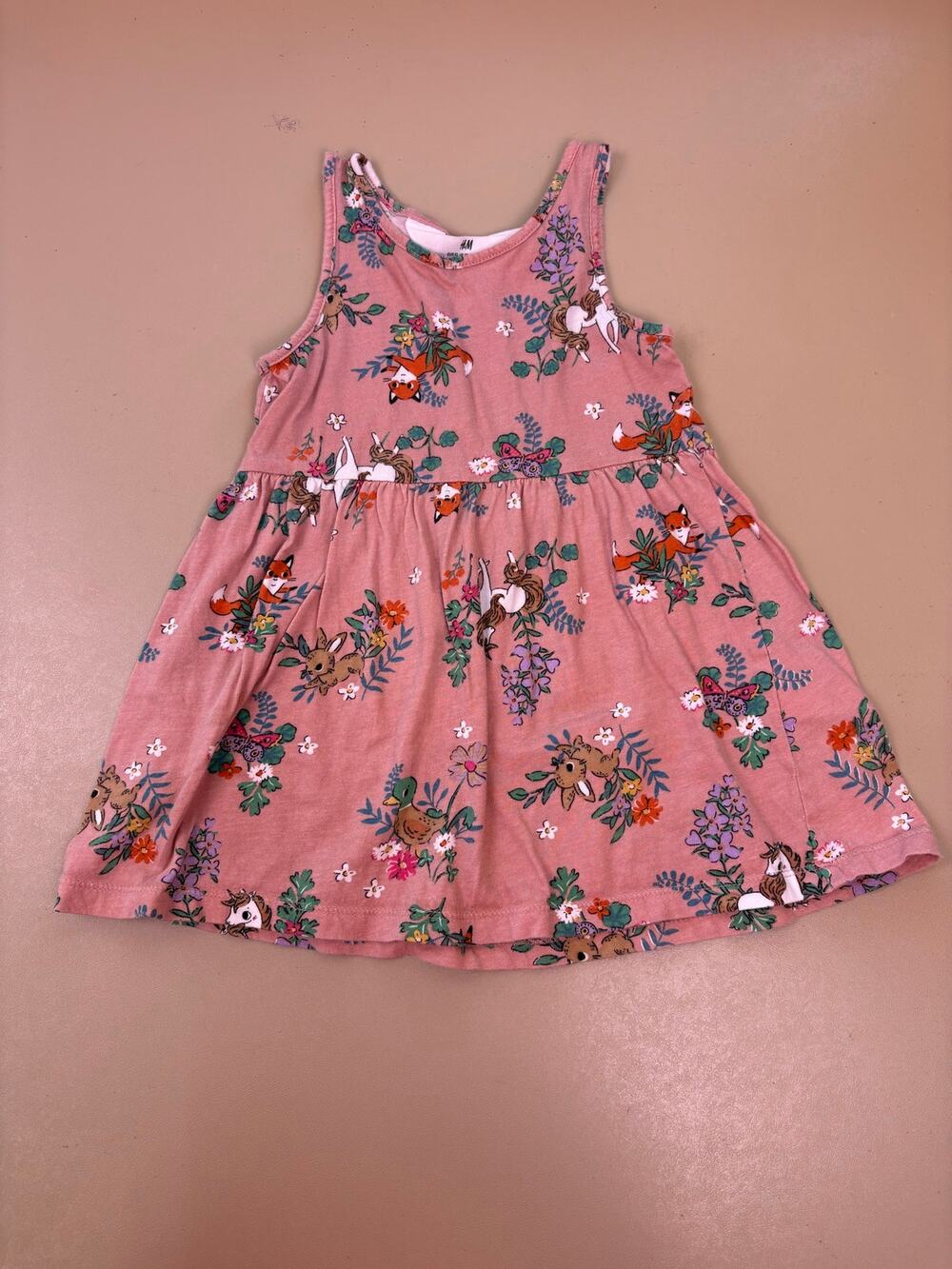 H&M Girls 2T Pink Woodland Animal Floral Sleeveless Dress